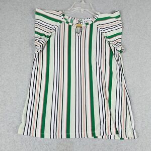 Liz Claiborne Blouse Top Womens XS Green Striped Keyhole Neck Flutter Sleeve